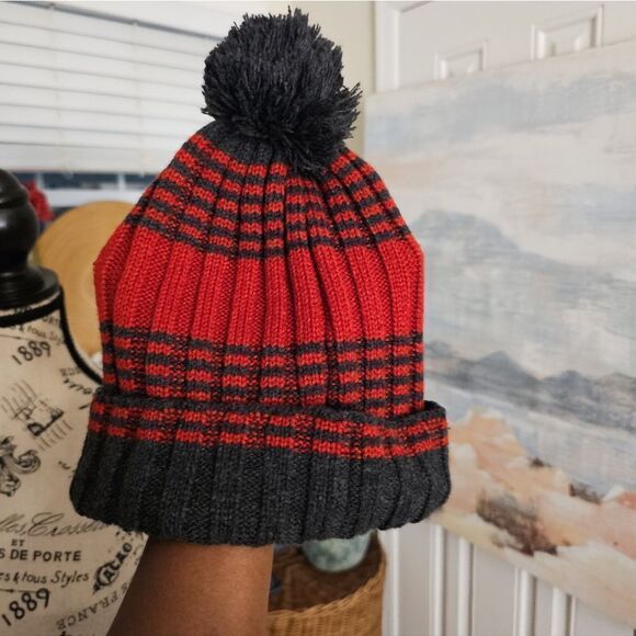 New Tommy Hilfiger Red & Grey Striped Beanie Hat main image 7